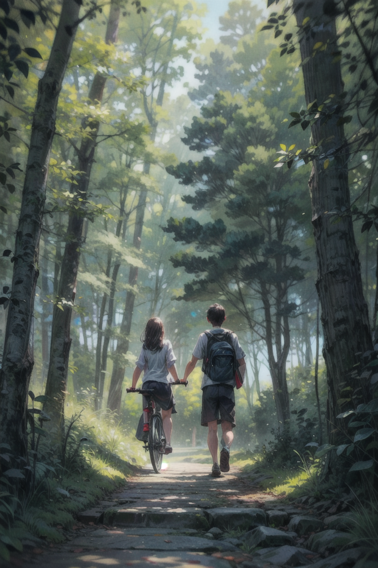 ((A boy)) is riding a bicycle, carrying ((a girl)), as they traverse a bridge in the midst of a forest. The scenery around them is breathtaking, with lush greenery and tall trees. The bridge they are crossing is made of wood and blends harmoniously with the natural surroundings. Sunlight filters through the canopy above, casting beautiful rays of light onto the path. The air is filled with the fresh scent of nature, and the sounds of chirping birds and rustling leaves create a tranquil atmosphere. The scene captures the essence of a serene and picturesque forest setting. High detailed, high solution.
