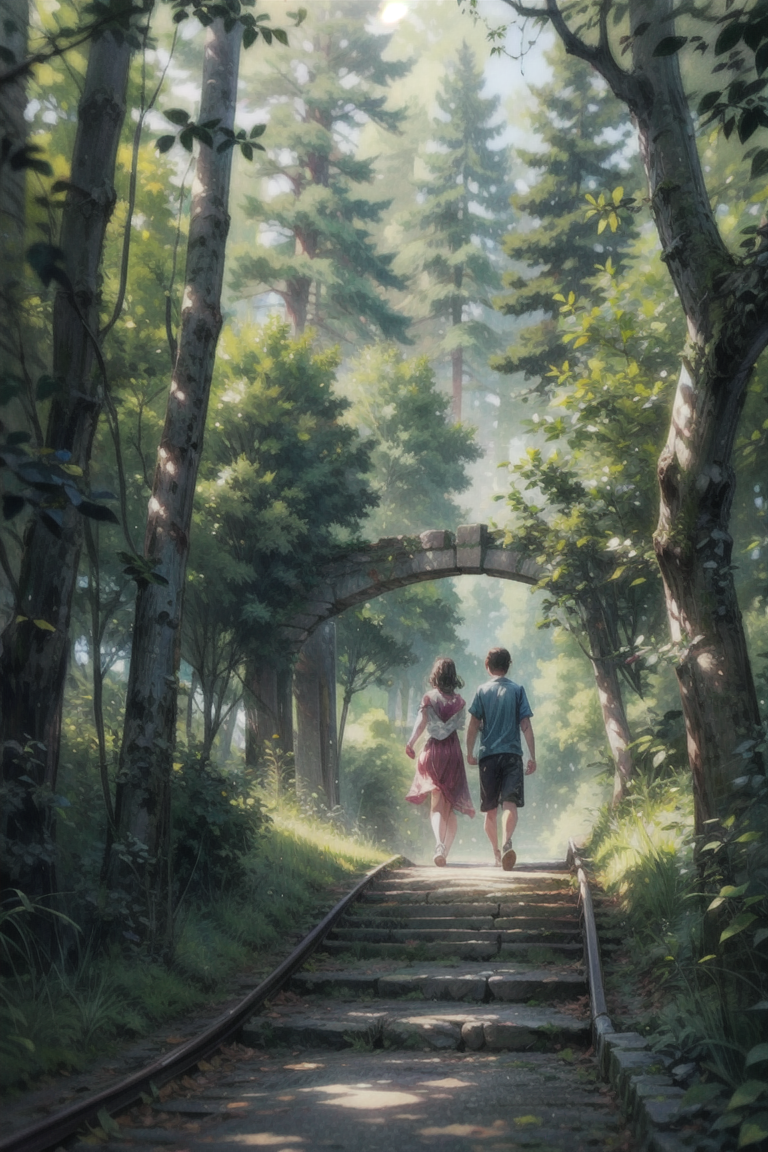 ((A boy)) is riding a bicycle, carrying ((a girl)), as they traverse a bridge in the midst of a forest. The scenery around them is breathtaking, with lush greenery and tall trees. The bridge they are crossing is made of wood and blends harmoniously with the natural surroundings. Sunlight filters through the canopy above, casting beautiful rays of light onto the path. The air is filled with the fresh scent of nature, and the sounds of chirping birds and rustling leaves create a tranquil atmosphere. The scene captures the essence of a serene and picturesque forest setting. High detailed, high solution.
