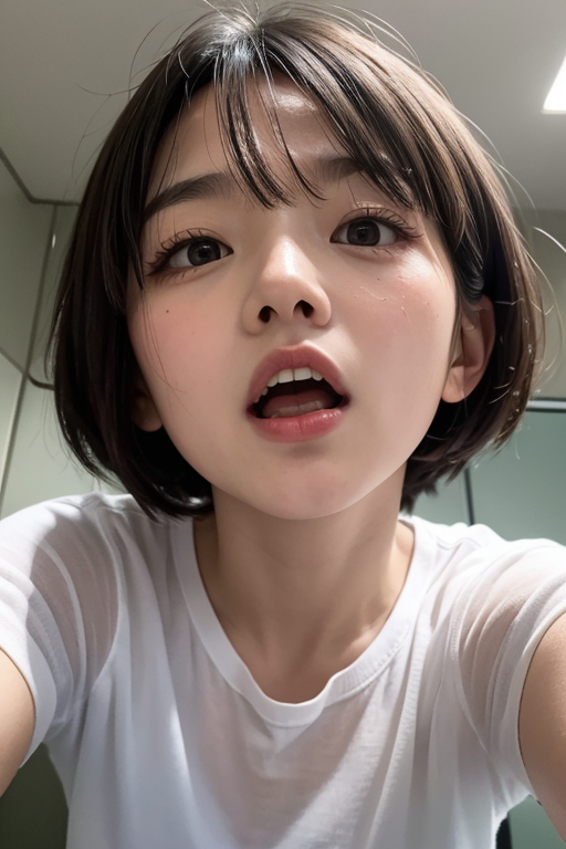 komoshuai, MASTERPIECE, BEST QUALITY, REALISTIC, PHOTOREALISTIC, (((SHOOTING FROM DIRECTLY BELOW THE FRONT))), 1 ASIAN WOMAN, LOOK AT VIEWER, CUTE, BLACK HAIR, SHORT HAIR, MESSY HAIR, SURPRISED EXPRESSION, GASP OPEN MOUTH, ALL FACE WITH MILK LIQUID