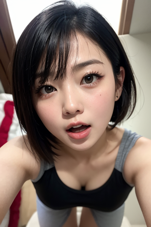 komoshuai, MASTERPIECE, BEST QUALITY, REALISTIC, PHOTOREALISTIC, (((SHOOTING FROM DIRECTLY BELOW THE FRONT))), 1 ASIAN WOMAN, LOOK AT VIEWER, CUTE, BLACK HAIR, SHORT HAIR, MESSY HAIR, SURPRISED EXPRESSION, GASP OPEN MOUTH, ALL FACE WITH MILK LIQUID