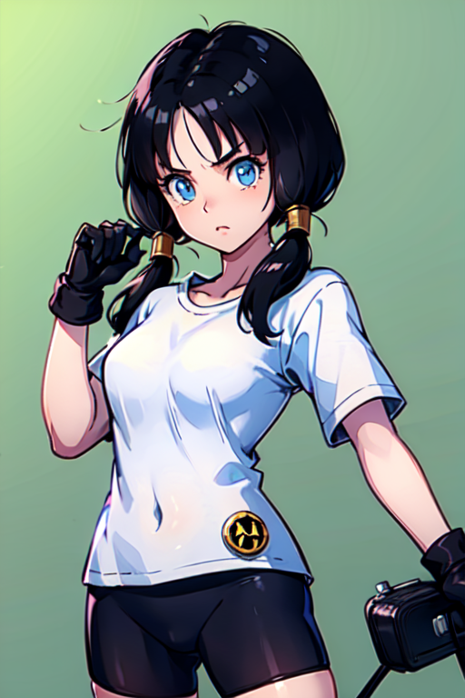 videl2, solo, blue eyes, black hair, twintails, black gloves, bike_shorts, bangs, white shirt, badge, medium breasts, (masterpiece), best quality, expressive eyes, perfect face