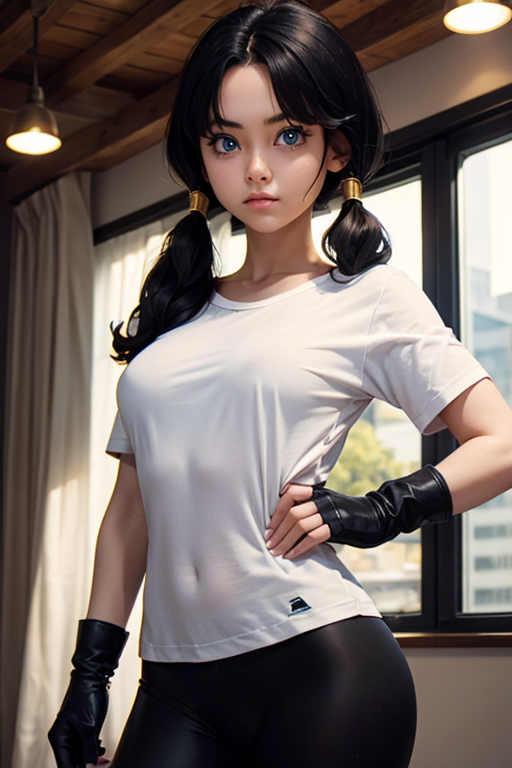 videl2, solo, blue eyes, black hair, twintails, black gloves, bike_shorts, bangs, white shirt, badge, medium breasts, (masterpiece), best quality, expressive eyes, perfect face