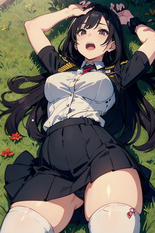 MA, score_9,score_8_up,score_7_up,score_6_up,score_5_up,score_4_up,Lying on her back in the grass in a vacant lot, cross-legged, black high heels, plump policewoman, tight-fitting uniform, tight skirt, ultimate Asian beauty, buttons coming undone, sense of absurdity, long hair, clothes about to burst, beautiful muscles, writhing face, screaming, emotional expression, dirt on thighs, torn skirt