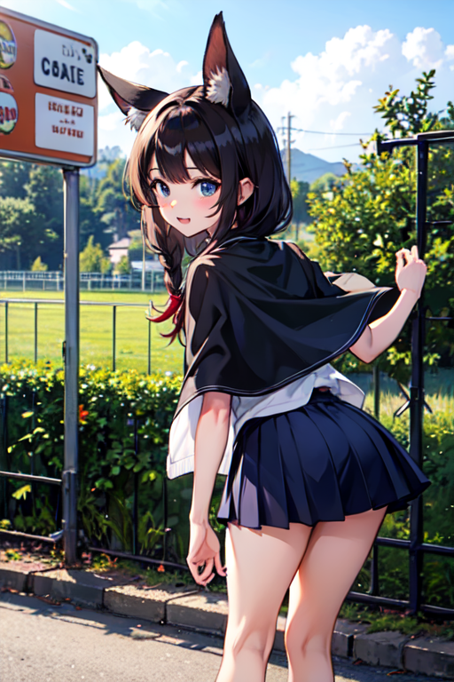 cape, score_9, score_8_up, score_7_up, score_6_up, score_5_up, score_4_up,Animal-eared high school girl, leaning forward, turning around, cute movements, embarrassing, please look at me, in front of the school gate, refreshing breeze, various poses