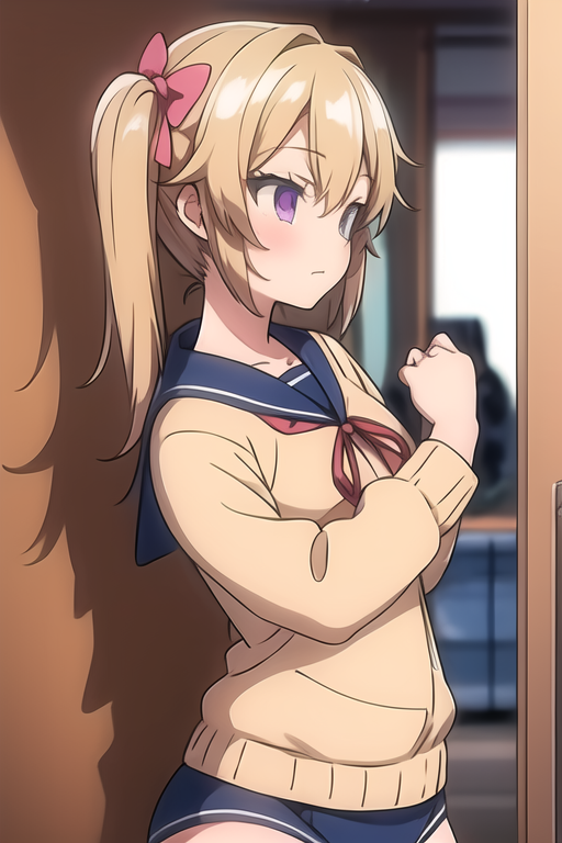 purple eyes, While changing from the school's sailor suit to gym clothes (red bloomers), a blonde girl with a ribbon in her twin tails changes in the changing room.