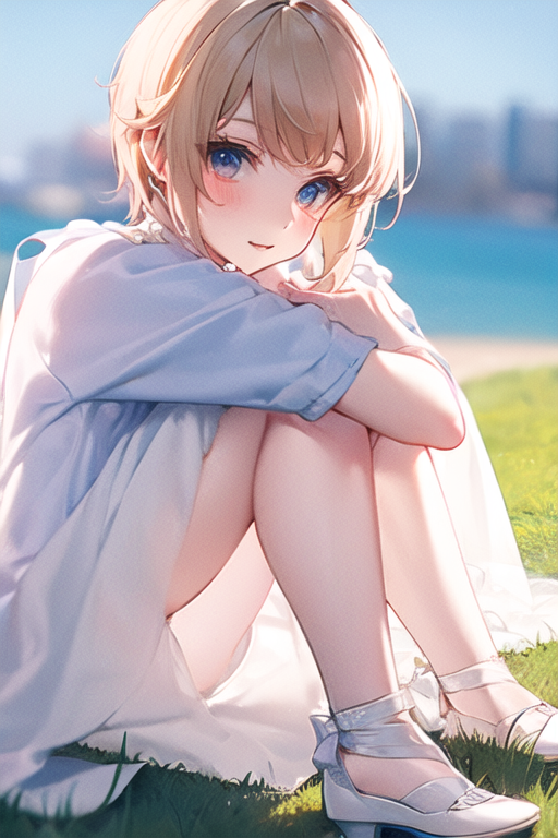 komoshuai, Blonde medium length asymmetrical hair, (front view: 1.5), (sitting on grass: 1.25), blue eyes, brown skin, pure white miniskirt wedding dress, white high heels, gorgeous bouquet of flowers in hand, (embarrassed face), outdoors by the seashore, blurred background