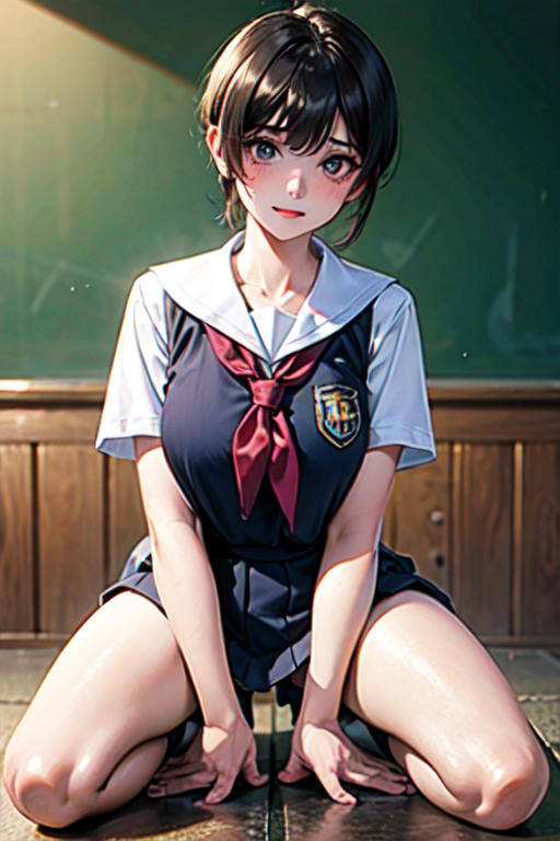 komoshuai, score_9, score_8_up, score_7_up, score_6_up, score_5_up, score_4_up,A high school girl plays the saxophone vigorously with her legs spread apart, kneeling, blushing, sweating, from below, in the classroom