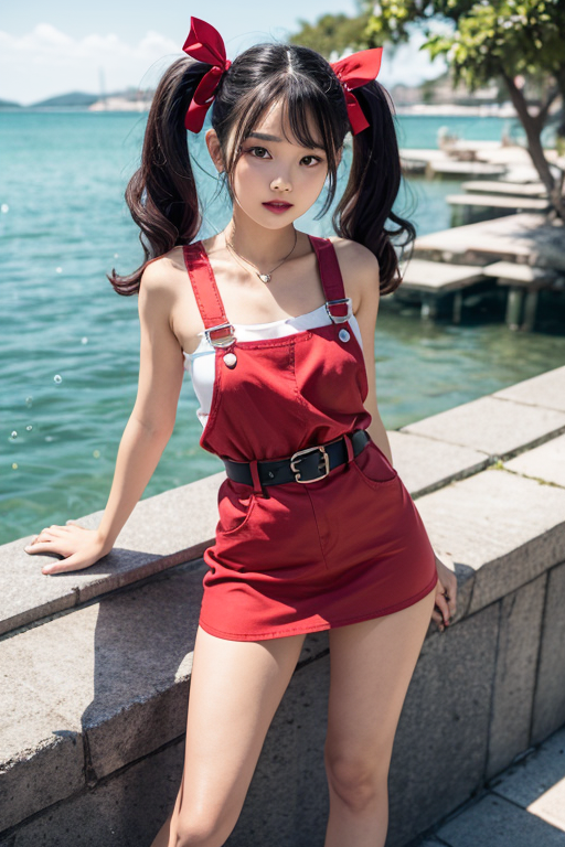 (masterpiece), best quality, Red and yellow overall-style dress, long eyelashes, narrow eyes, red lipstick, detailed face, beautiful face, red ribbon on black hair twintails, red and white striped long socks, red high heels, pink belt on thigh, looking at viewer, imaginary island , outdoor