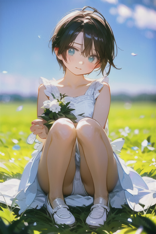 komoshuai, Blonde medium length asymmetrical hair, (front view: 1.5), (sitting on grass: 1.25), blue eyes, brown skin, pure white miniskirt wedding dress, white high heels, gorgeous bouquet of flowers in hand, (embarrassed face), outdoors by the seashore, blurred background