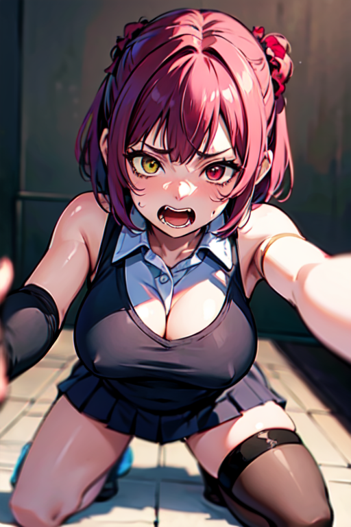 houshouOfficer, heterochromia, red eyes, yellow eyes, large breasts, bangs, short hair, sleeveless shirt, collared shirt, black skirt, side slit, pantyhose, id card, fingerless gloves, Best Quality, Masterpiece: 1.2), (Highly Detailed 8k Wallpaper), Professional Lighting, Sharp Focus, Written Boundary Depth, (White Knee Socks), (Absurd), (Detailed Face: 1.2), (Screaming: 1.4), (Fearful Face: 1.5), Girl, Solo, Blue Hair, Hairpin, Blue Eyes, Scrunchie, Tank Top, Shorts, Showing Butt, Kneeling, POV, From Below, Sensual, 8K Resolution, Masterpiece, ((Highest Quality)), Anatomically Correct, Highly Detailed,