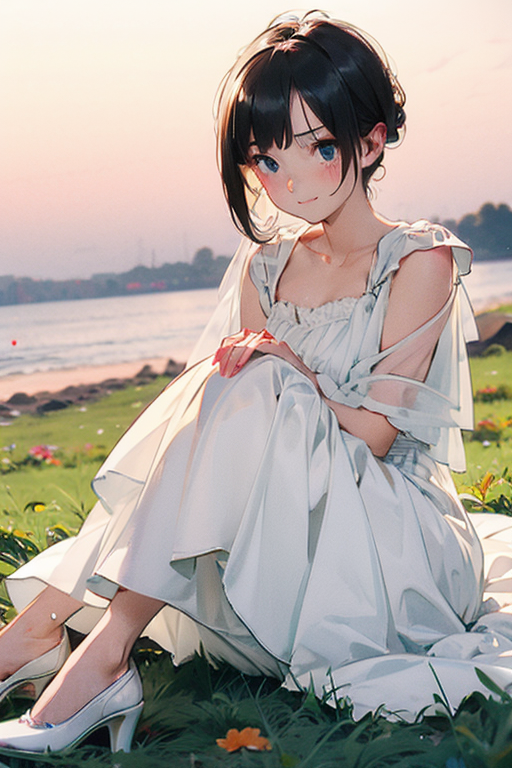 komoshuai, Blonde medium length asymmetrical hair, (front view: 1.5), (sitting on grass: 1.25), blue eyes, brown skin, pure white miniskirt wedding dress, white high heels, gorgeous bouquet of flowers in hand, (embarrassed face), outdoors by the seashore, blurred background