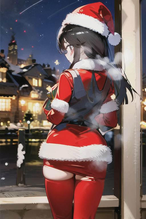 from behind, back, A woman wearing a mix of Santa Claus uniforms from all over the world, giving presents, attractive female body, snow-covered fir tree with electric lights