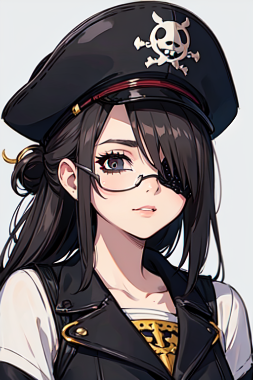 hair bun, glasses, (masterpiece), best quality, expressive eyes, perfect face,illustration of a Pirates girl with Eyepatch, (single eyepatch:1.5), black leather single eye patch, hat, intricate detailed eye patch, (Masterpiece), (Best Quality), (High Detailes), intricate details,. intricate detail texture