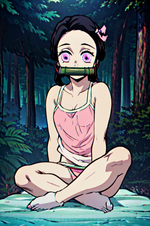 bit gag, kimetsu no yaiba style, (masterpiece), best quality, expressive eyes, perfect face,Sitting with bent knees in the bushes of the forest, wearing pink panties,