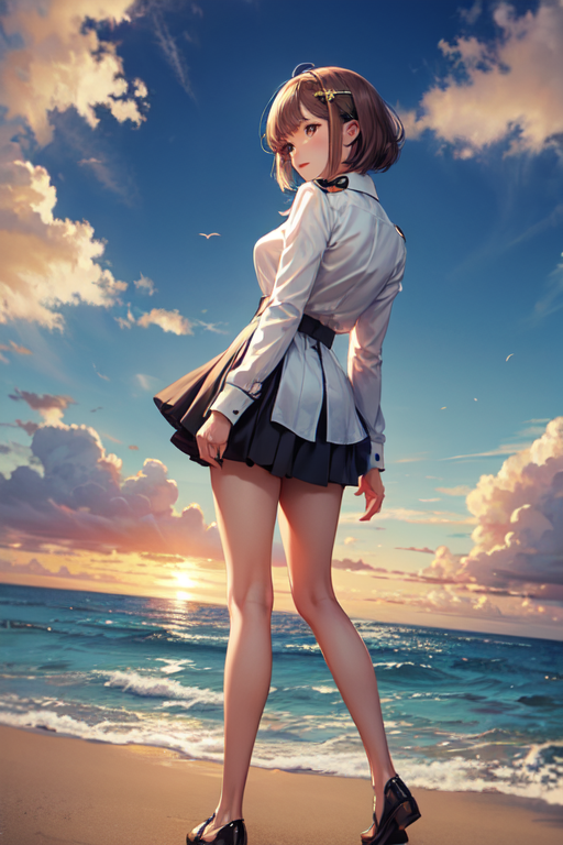 (masterpiece), best quality,(Best Quality, hight resolution, masutepiece :1.3), (Taken from below), Pretty Woman, Orange sunset sky, Sun and clouds on sea background, Cute girl in uniform. Her hair is light brown in medium bob style. She wears a white blouse and pleated skirt, Stand with her legs wide open, Blushing face, looking in camera, Dynamic shooting