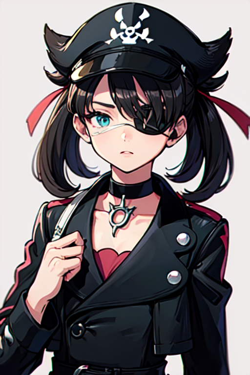 hmmarnie, aqua eyes, black choker, red ribbon, pink dress, jewelry, black jacket, open clothes, long sleeves, (masterpiece), best quality, expressive eyes, perfect face,illustration of a Pirates girl with Eyepatch, (single eyepatch:1.5), black leather single eye patch, hat, intricate detailed eye patch, (Masterpiece), (Best Quality), (High Detailes), intricate details,. intricate detail texture