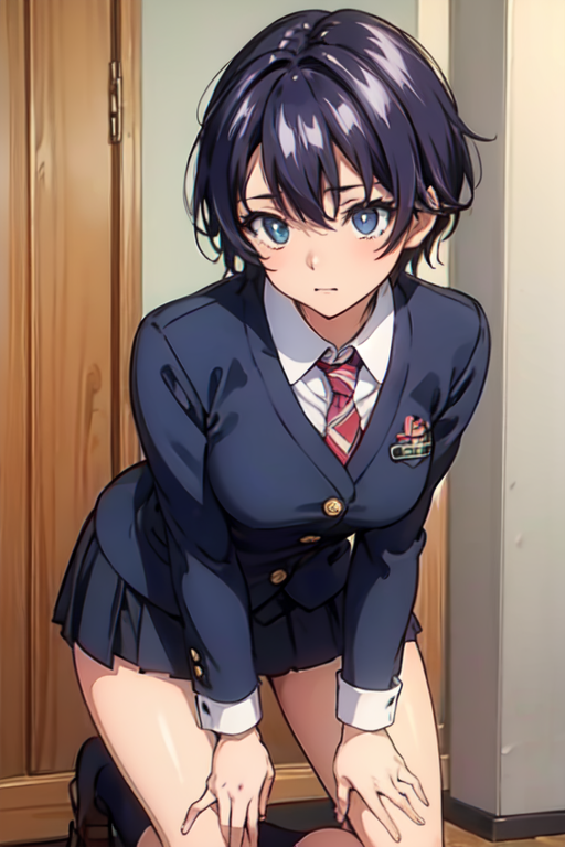 short hair, (masterpiece), best quality, expressive eyes, perfect face,School uniform, bending knees, holding knees, opening legs, detailed panty pattern,