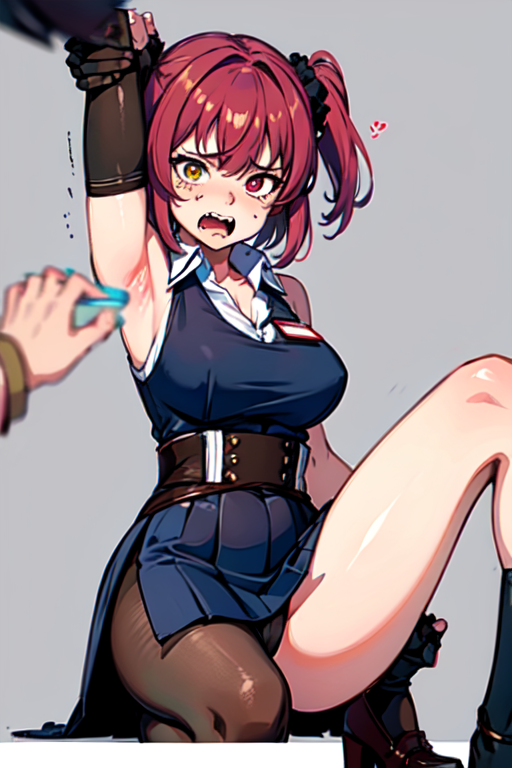 houshouOfficer, heterochromia, red eyes, yellow eyes, large breasts, bangs, short hair, sleeveless shirt, collared shirt, black skirt, side slit, pantyhose, id card, fingerless gloves, Best Quality, Masterpiece: 1.2), (Highly Detailed 8k Wallpaper), Professional Lighting, Sharp Focus, Written Boundary Depth, (White Knee Socks), (Absurd), (Detailed Face: 1.2), (Screaming: 1.4), (Fearful Face: 1.5), Girl, Solo, Blue Hair, Hairpin, Blue Eyes, Scrunchie, Tank Top, Shorts, Showing Butt, Kneeling, POV, From Below, Sensual, 8K Resolution, Masterpiece, ((Highest Quality)), Anatomically Correct, Highly Detailed,