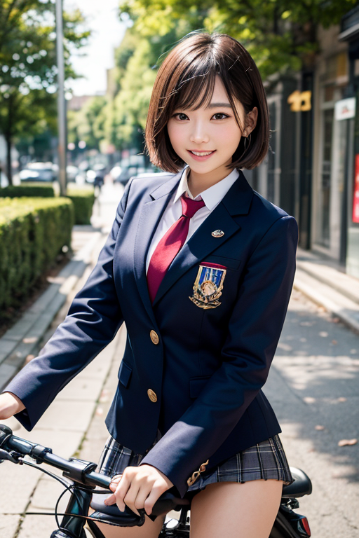 (masterpiece), best quality,( Masterpiece, Super Detail, 8K, Best resolution: 1.5), ((Amazing)), Smile, 14 year old idol, Short hair with bangs, Uniform, ((Navy blazer and miniskirt))), ((Navy) Riding a bicycle I confirmed that)), Park