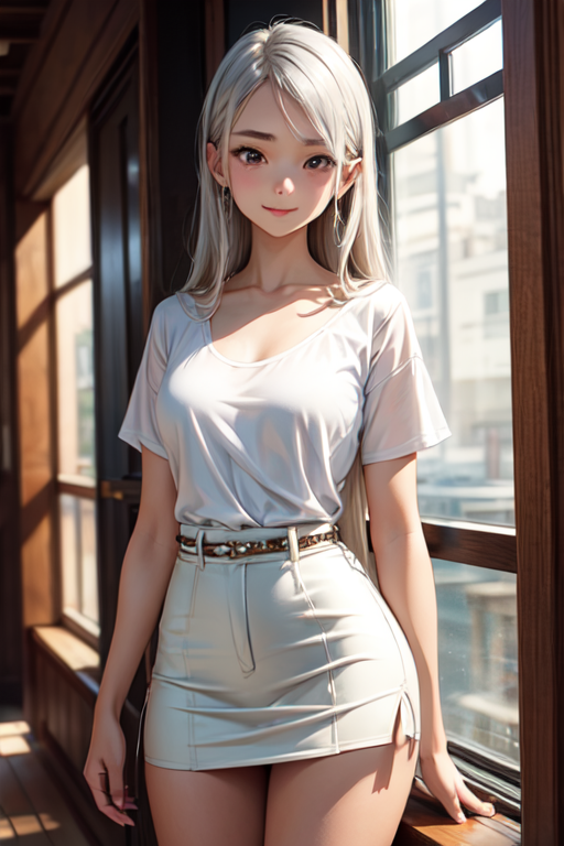 (masterpiece), best quality,An 18-year-old woman of British and Japanese parents living in Hokkaido, Japan, with long silver hair parted in front, thin silver eyebrows, sidelong glances, detailed face, beautiful collarbones, smile, pure white sheer one-piece miniskirt