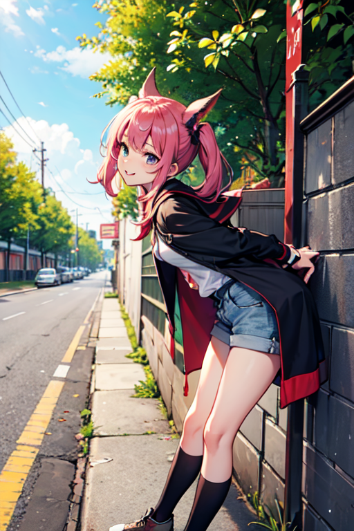 cape, score_9, score_8_up, score_7_up, score_6_up, score_5_up, score_4_up,Animal-eared high school girl, leaning forward, turning around, cute movements, embarrassing, please look at me, in front of the school gate, refreshing breeze, various poses