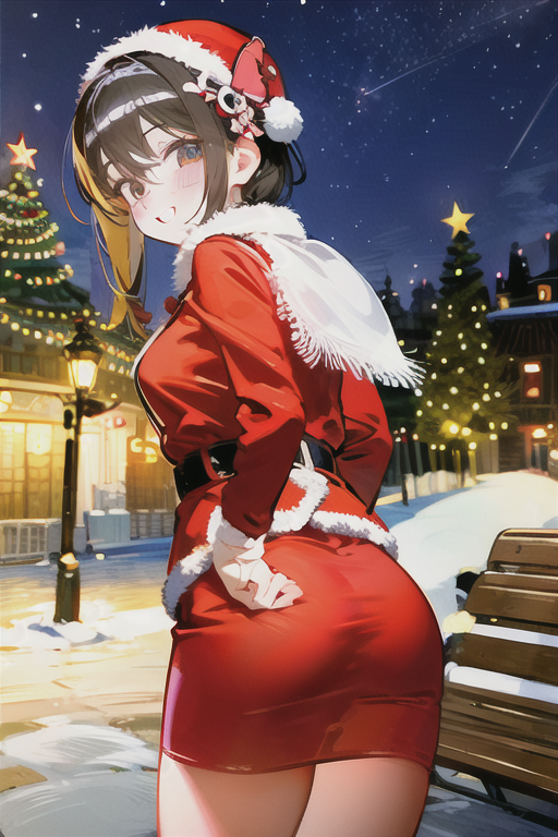 from behind, back, A woman wearing a mix of Santa Claus uniforms from all over the world, giving presents, attractive female body, snow-covered fir tree with electric lights