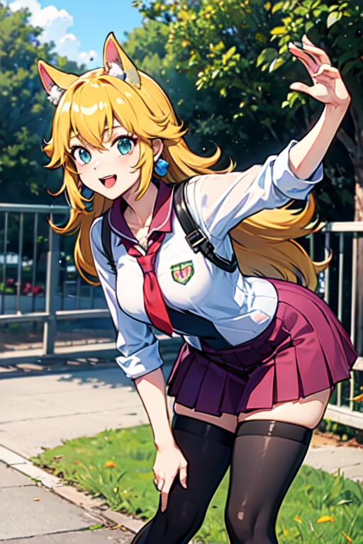 <lora:ppeach-000018:1>, score_9, score_8_up, score_7_up, score_6_up, score_5_up, score_4_up,Animal-eared high school girl, leaning forward, turning around, cute movements, embarrassing, please look at me, in front of the school gate, refreshing breeze, various poses