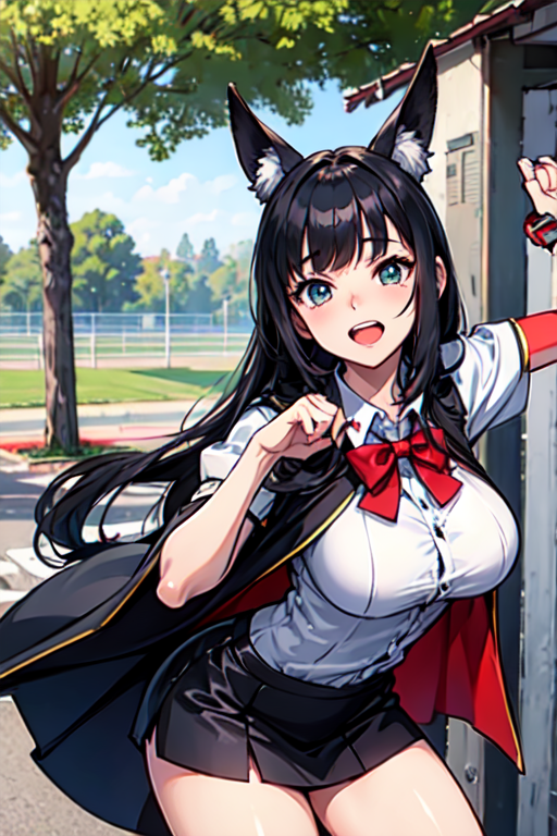 cape, score_9, score_8_up, score_7_up, score_6_up, score_5_up, score_4_up,Animal-eared high school girl, leaning forward, turning around, cute movements, embarrassing, please look at me, in front of the school gate, refreshing breeze, various poses