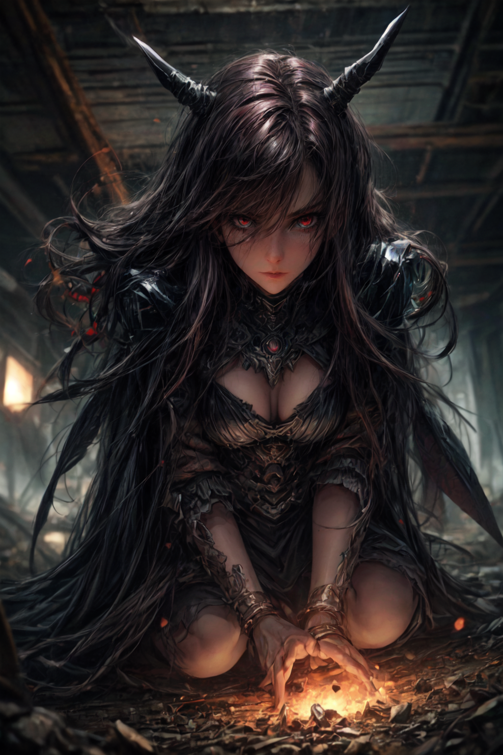 (perfect composition), (masterpiece), Fantasy setting, best quality,  pinup pose,  expressive eyes, perfect face, one woman, solo, (style of Masamune Shirow:1), (oh darkest Evernight rejoice and weep upon the lands of the fallen kingdom of heaven, barred black thorned hoofed treads over steel and flesh and earth, to forever sleep in dark abyss, Intense directional lighting, reflections, deep red secondary lighting)