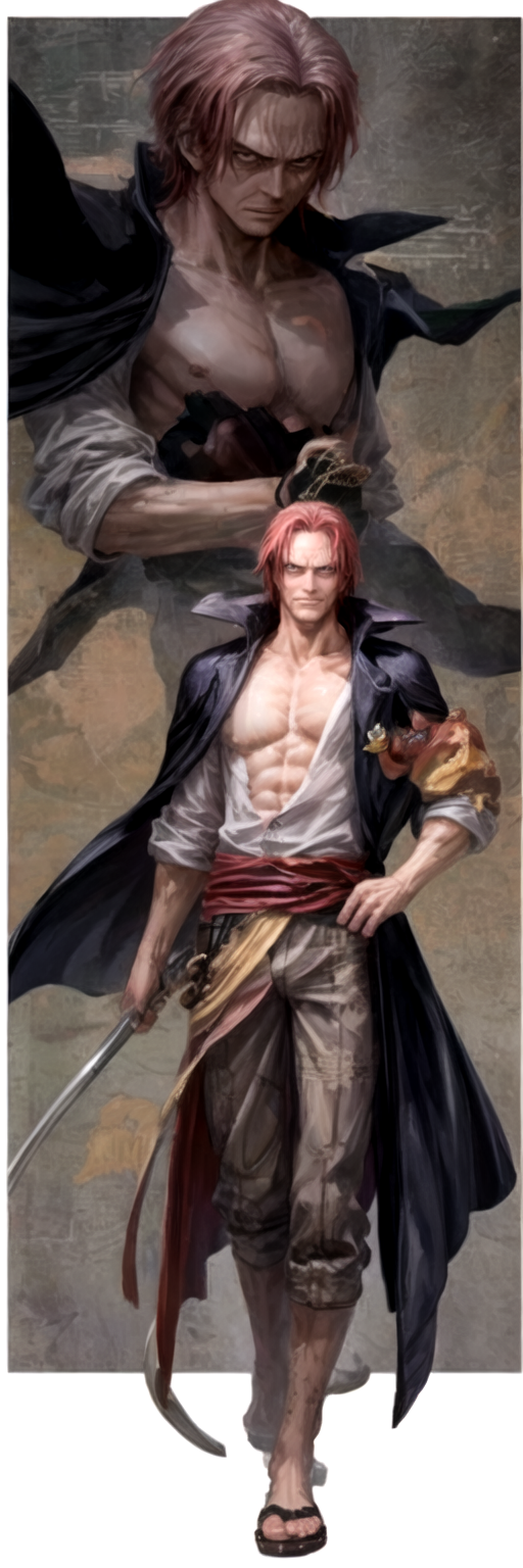 Shnks, full-body dynamic shot, ((DIVINE DEPARTURE)), ((ultra-detailed)), (best quality:1.0), (highly detailed:1.0), man, shanks,  vibrant red hair, missing left arm, and three scars across his left eye. He typically wears a long, flowing black cape over a simple white shirt paired with brown trousers and a sash around his waist. He completes his look with sandals. Shanks is often seen with a wide-brimmed straw hat and carries a sabre, reflecting his status as a powerful and respected pirate captain. His overall demeanour is relaxed and friendly, often displaying a confident smile