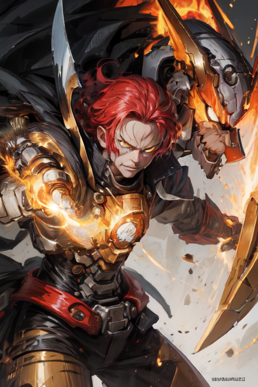 Shnks, robot joints, fractal, oil painting, ((style of Masamune Shirow manga cover))  Chandra, the Pyromancer: Fiery-haired, Flame-wielding, Impulsive, Planeswalker, Red mana, Rebellious, Passionate, Fire mage, Hotheaded, Adventurous, Unpredictable, Spellslinger, Ember-empowered, Fierce.
