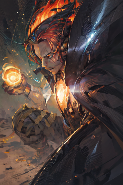 Shnks, robot joints, fractal, oil painting, ((style of Masamune Shirow manga cover))  Chandra, the Pyromancer: Fiery-haired, Flame-wielding, Impulsive, Planeswalker, Red mana, Rebellious, Passionate, Fire mage, Hotheaded, Adventurous, Unpredictable, Spellslinger, Ember-empowered, Fierce.