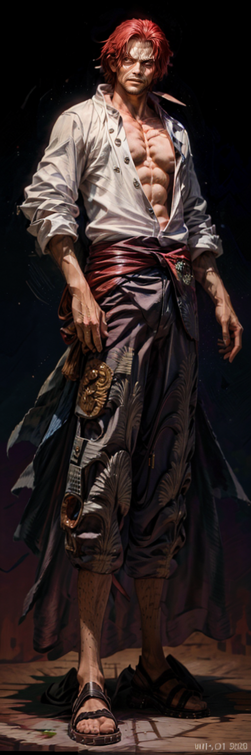Shnks, full-body dynamic shot, ((ultra-detailed)), (best quality:1.0), (highly detailed:1.0), man, shanks,  vibrant red hair, missing left arm, and three scars across his left eye. He typically wears a long, flowing black cape over a simple white shirt paired with brown trousers and a sash around his waist. He completes his look with sandals. Shanks is often seen with a wide-brimmed straw hat and carries a saber, reflecting his status as a powerful and respected pirate captain. His overall demeanor is relaxed and friendly, often displaying a confident smile