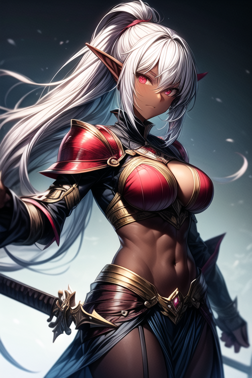 fantasy, dark skin, dark elf, white hair, ponytail, red eyes, large breasts, armor, sword
