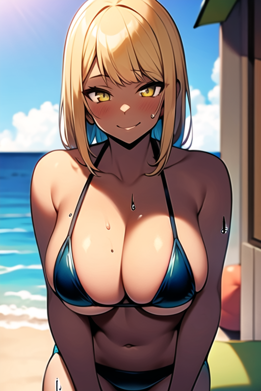 original, kuro gyaru, tomboy, dark skin female, blond hair, golden eyes, large breasts, micro bikini, smug, beach, sweat, seduction. estrus