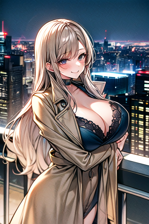 1girl, babari girl, beige trench coat, lifted clothing, bra, panties, smug, seduction. estrus,
cityscape background, night