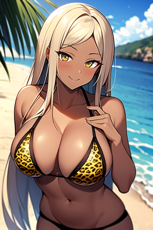 original, kuro gyaru, dark skin female, blond hair, golden eyes, large breasts, leopard pattern bikini, smug, beach, seduction