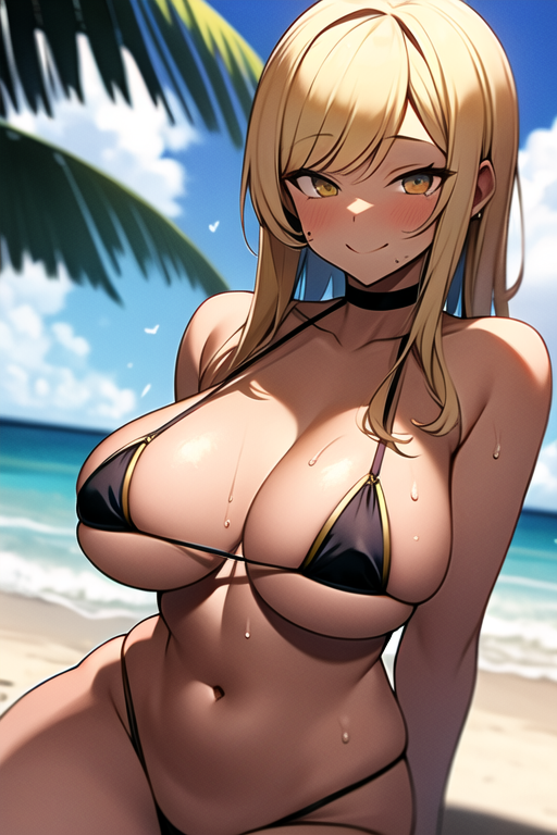 original, kuro gyaru, dark skin female, blond hair, golden eyes, large breasts, micro bikini, smug, beach, sweat, seduction. estrus