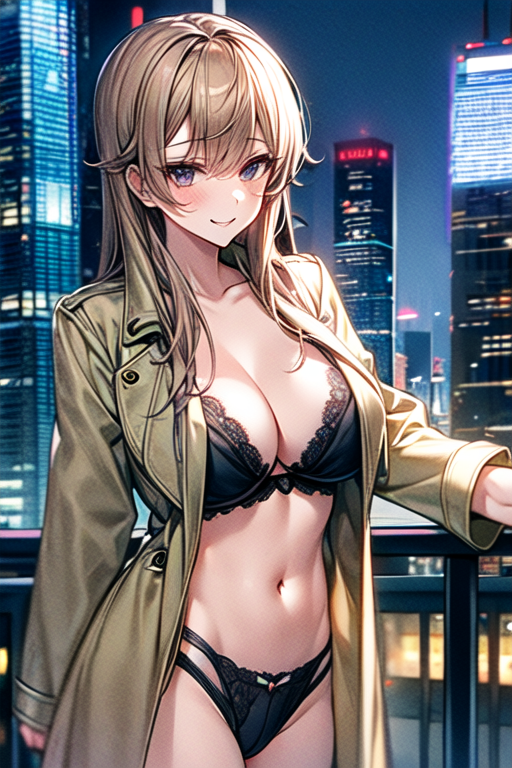 1girl, babari girl, beige trench coat, lifted clothing, bra, revealing panties, smug, seduction. estrus, cityscape background, night