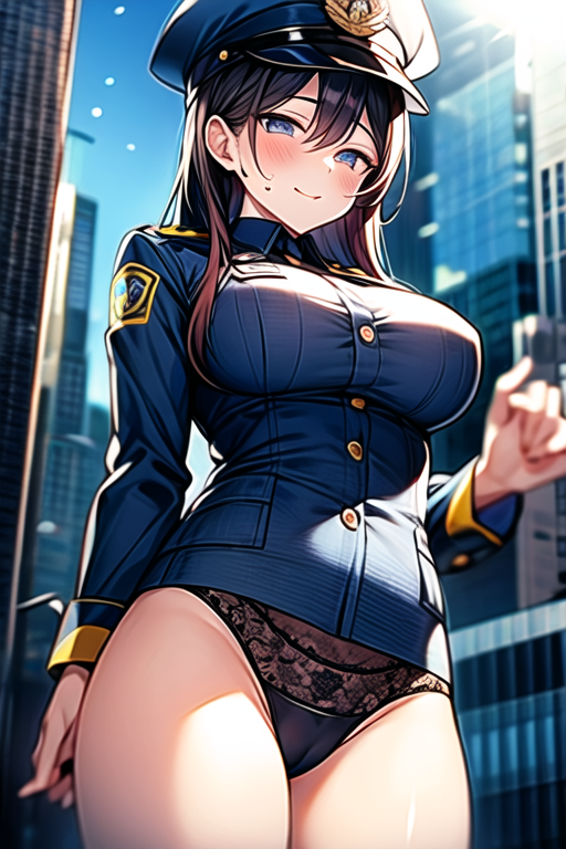 sexy, female police officer, large breasts, from below, changing clothes, vagina line, tight panties , sweaty, seduction. estrus, cityscape background, night