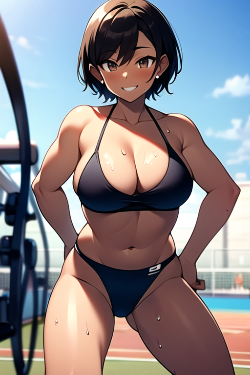 original, tomboy, dark skin++, brown hair, short hair, brown eyes, large breasts, sport bikini, squat, track and field, athletic, sweat, smile