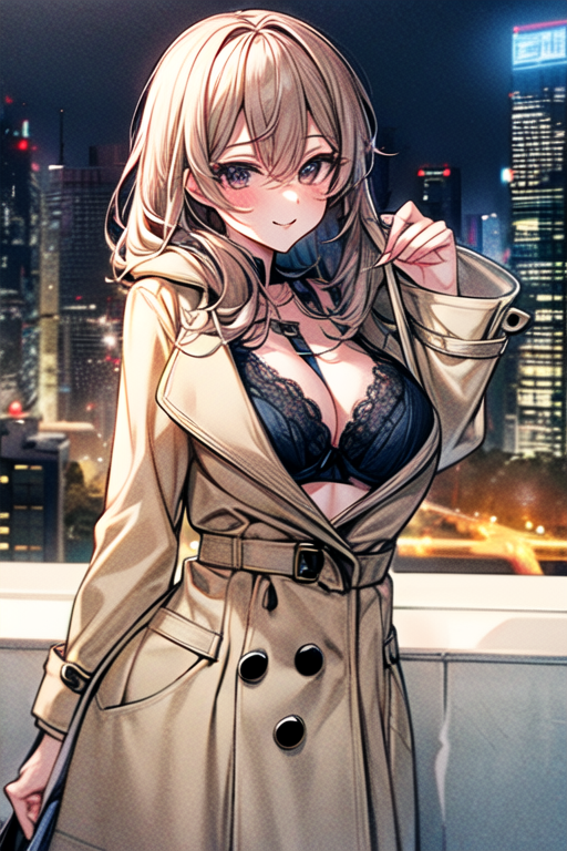 1girl, babari girl, beige trench coat, lifted clothing, bra, panties, smug, seduction. estrus,
cityscape background, night