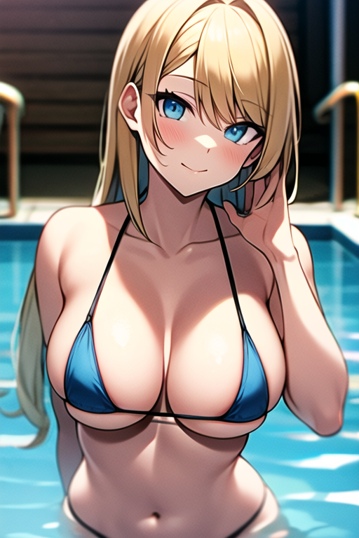 original, gyaru, blond hair, long hair, blue eyes, large breasts, micro bikini, swimming pool, seduction. estrus