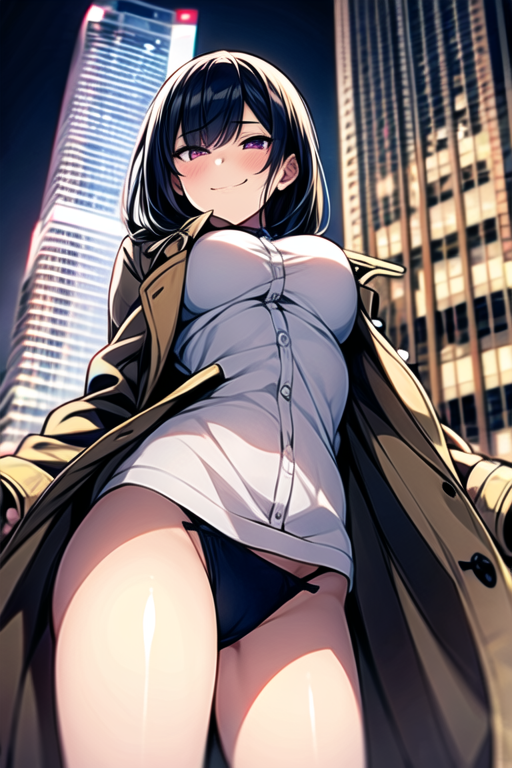 1girl, babari girl, beige trench coat, changing clothes, revealing panties, lifted clothing, smug, from below, spread legs, seduction. estrus, cityscape background, night