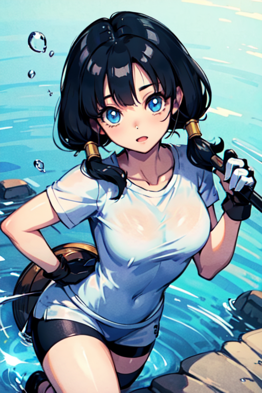 videl2, beautiful goddess, kawaiitech, pastel colors, kawaii, cute colors, goddess, 1 hirl, water goddess, water bubbles, goddess clothessolo, blue eyes, black hair, twintails, black gloves, bike_shorts, bangs, white shirt, badge, medium breasts, (masterpiece), best quality, expressive eyes, perfect face