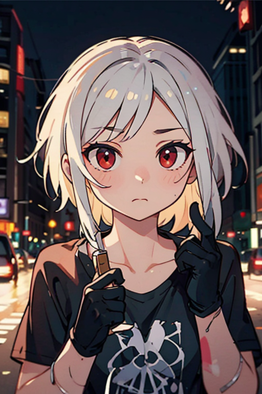 (masterpiece), best quality, expressive eyes, perfect face, black gloves, holding knife, torn clothes, dark green T-shirt, in town, white hair, short hair, red eyes, empty expression, naked, city Post-apocalyptic background