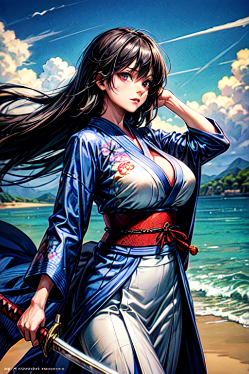 1girl, 23 year old Taiwanese beauty, solo, cool, long hair, black hair, long sleeves, natural huge breasts, holding, weapon, outdoors, japanese sheer clothes, sky, day, sword, cloud, wide sleeves, kimono, water, holding weapon, sash, profile, floating hair, watermark, holding sword, obi, floral print, katana, wind, mountain, fighting stance, realistic, waves, looking at the viewer,realhands