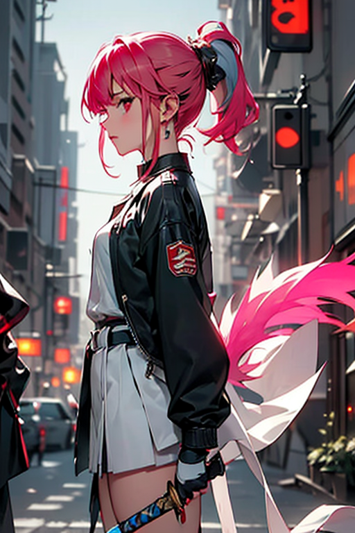 1girl, solo, long hair, looking at viewer, bangs, red eyes, gloves, long sleeves, holding, closed mouth, standing, jacket, tail, ponytail, weapon, pink hair, white hair, multicolored hair, cowboy shot, earrings, outdoors, horns, black gloves, sword, pink eyes, holding weapon, from side, black jacket, night, holding sword, katana, building, sheath, city, cyberpunk, neon lights