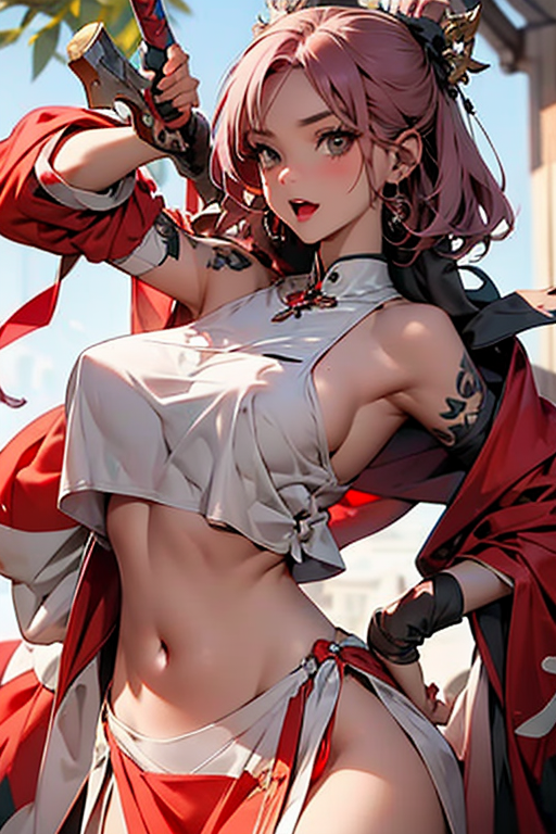 1girl, solo, breasts, looking at viewer, short hair, open mouth, navel, holding, brown eyes, medium breasts, full body, weapon, pink hair, fang, dark skin, dark-skinned female, tattoo, underboob, pelvic curtain, animal hands, loincloth, paw shoes, tribal