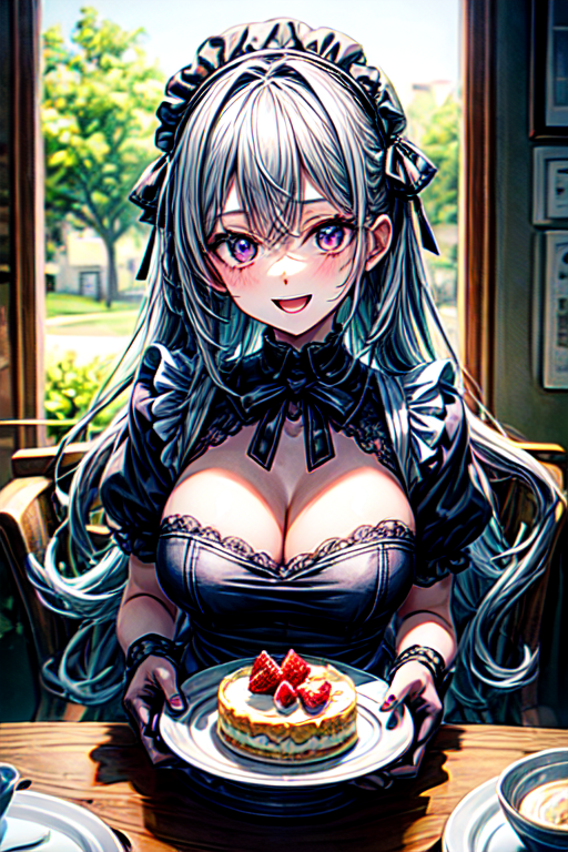 1girl, apron, cake, cleavage, cup, food, frontier town, hairband, heart, large breasts, lolita hairband, maid apron, open mouth, psychic hearts, purple eyes, smile, solo, teacup,CrclWc,<lora:more_details:-1>, <lora:more_details:1.5>